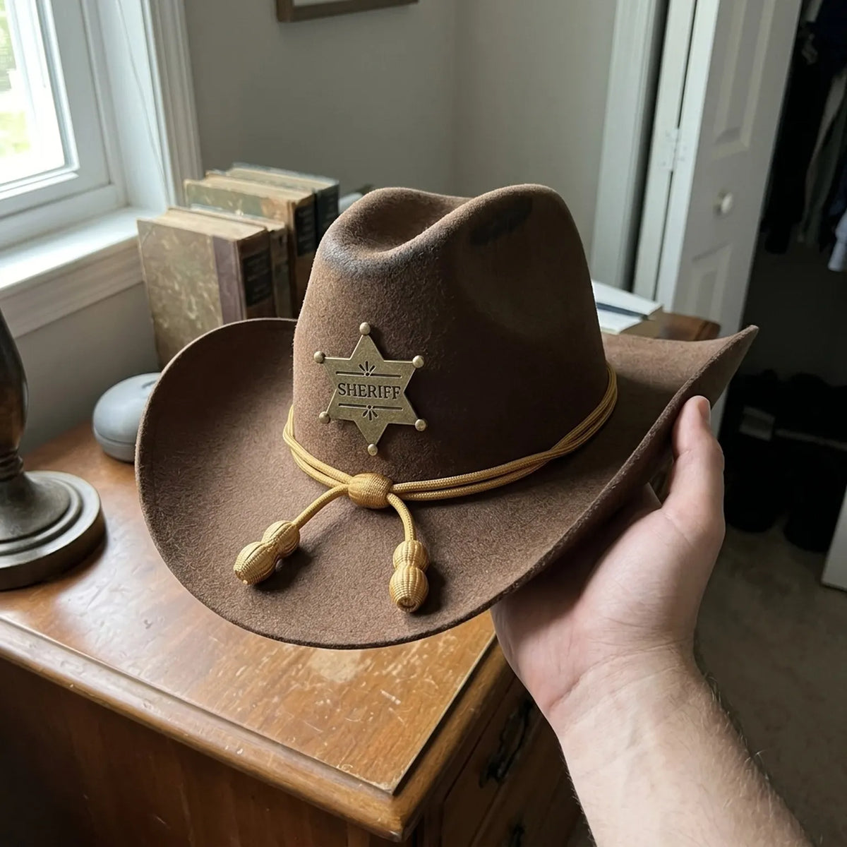 Brown Felt Cowboy Hat Sheriff Star Badge Gold Cord Band