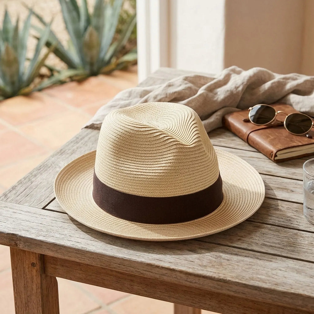 Unisex Classic Straw Panama Hat with Brown Ribbon Band for Sun