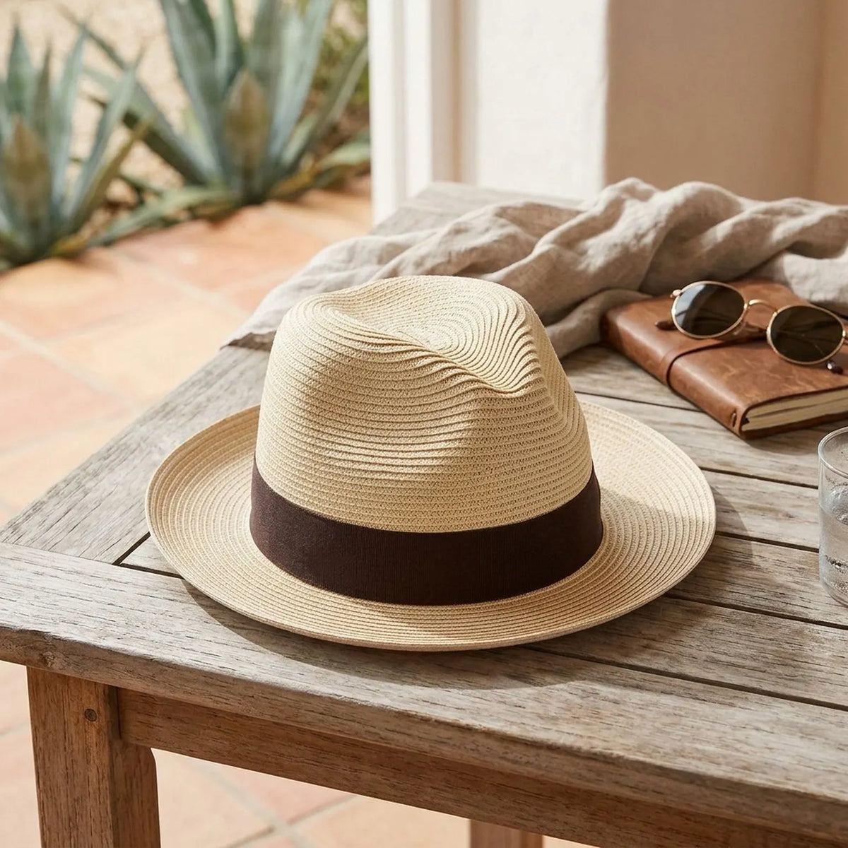 Unisex Classic Straw Panama Hat with Brown Ribbon Band for Sun