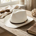 White Straw Fedora Hat with Braided Brown Leather Band Detail