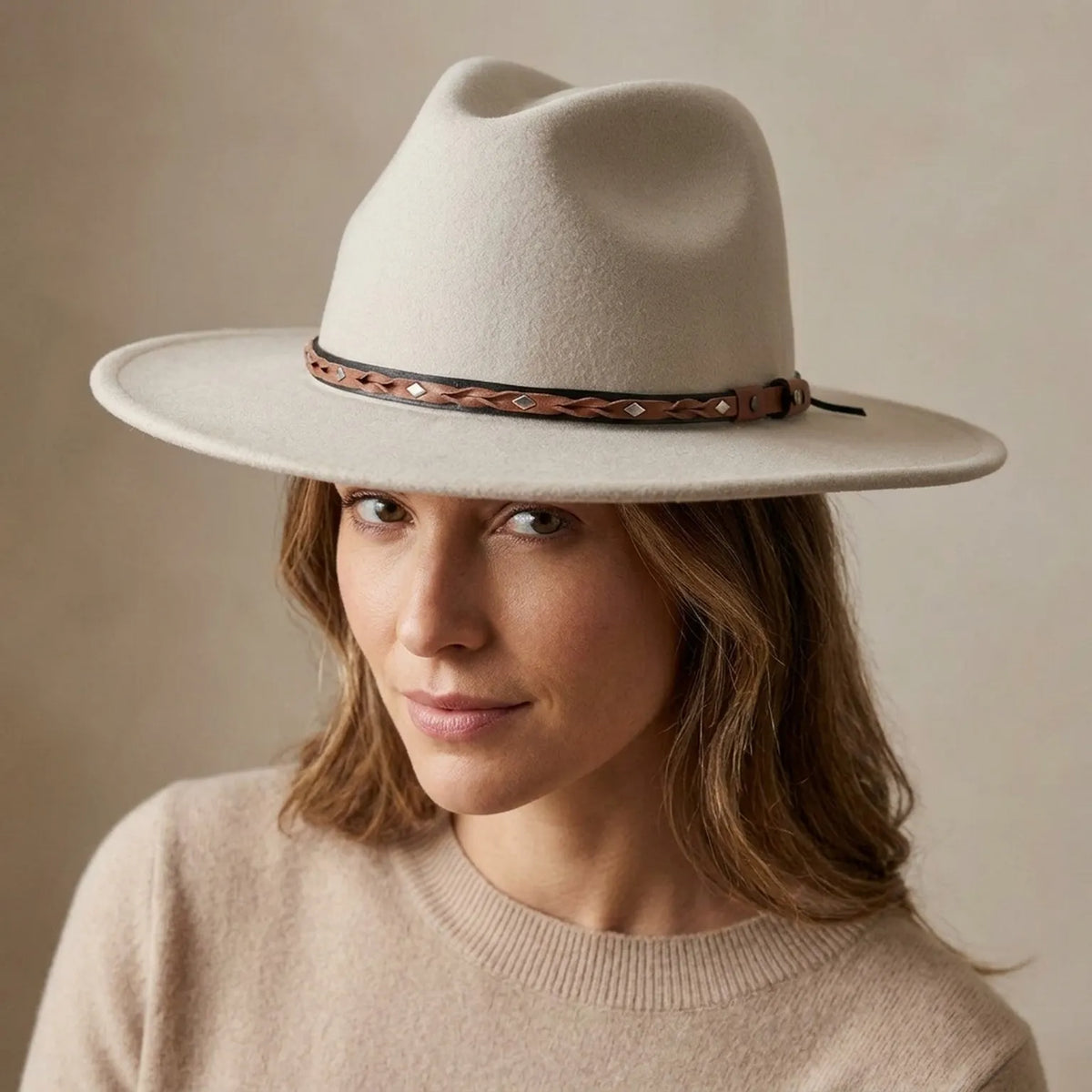 Sand Felt Western Hat with Braided Leather Band and Silver Studs