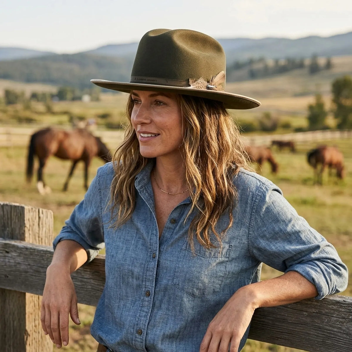 Distressed Olive Felt Fedora with Feather and Bone Accent