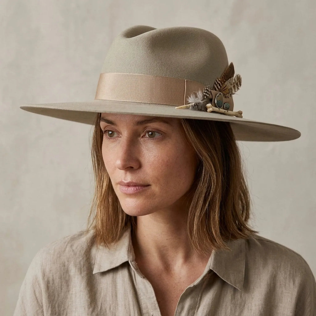 Light Gray Wool Felt Floppy Hat with Grosgrain Band and Feather