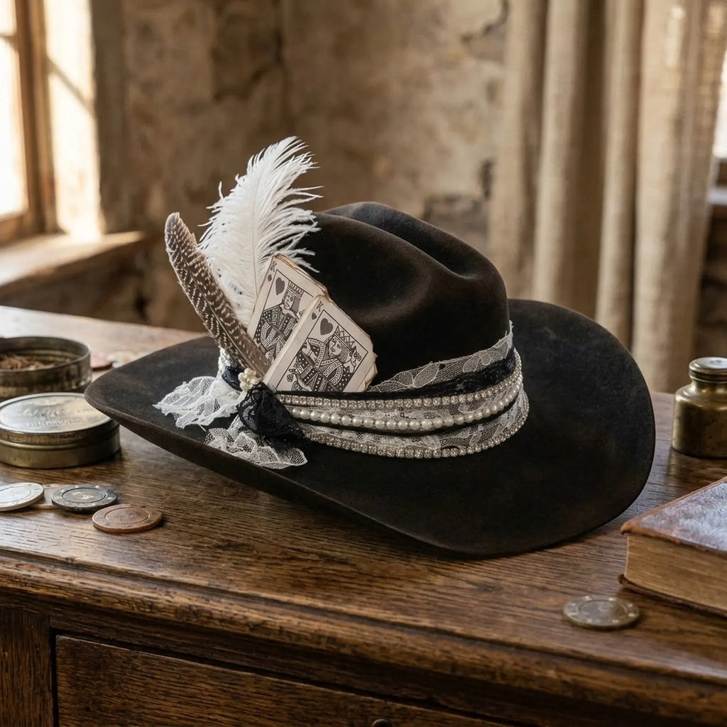 Dark Brown Fedora with Pearls, Lace, Feathers and Playing Cards
