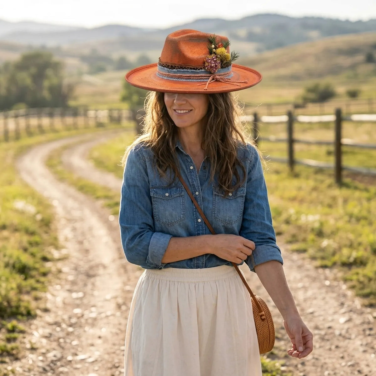 Rust Orange Felt Fedora Denim Burlap Layer Jeweled Brooch