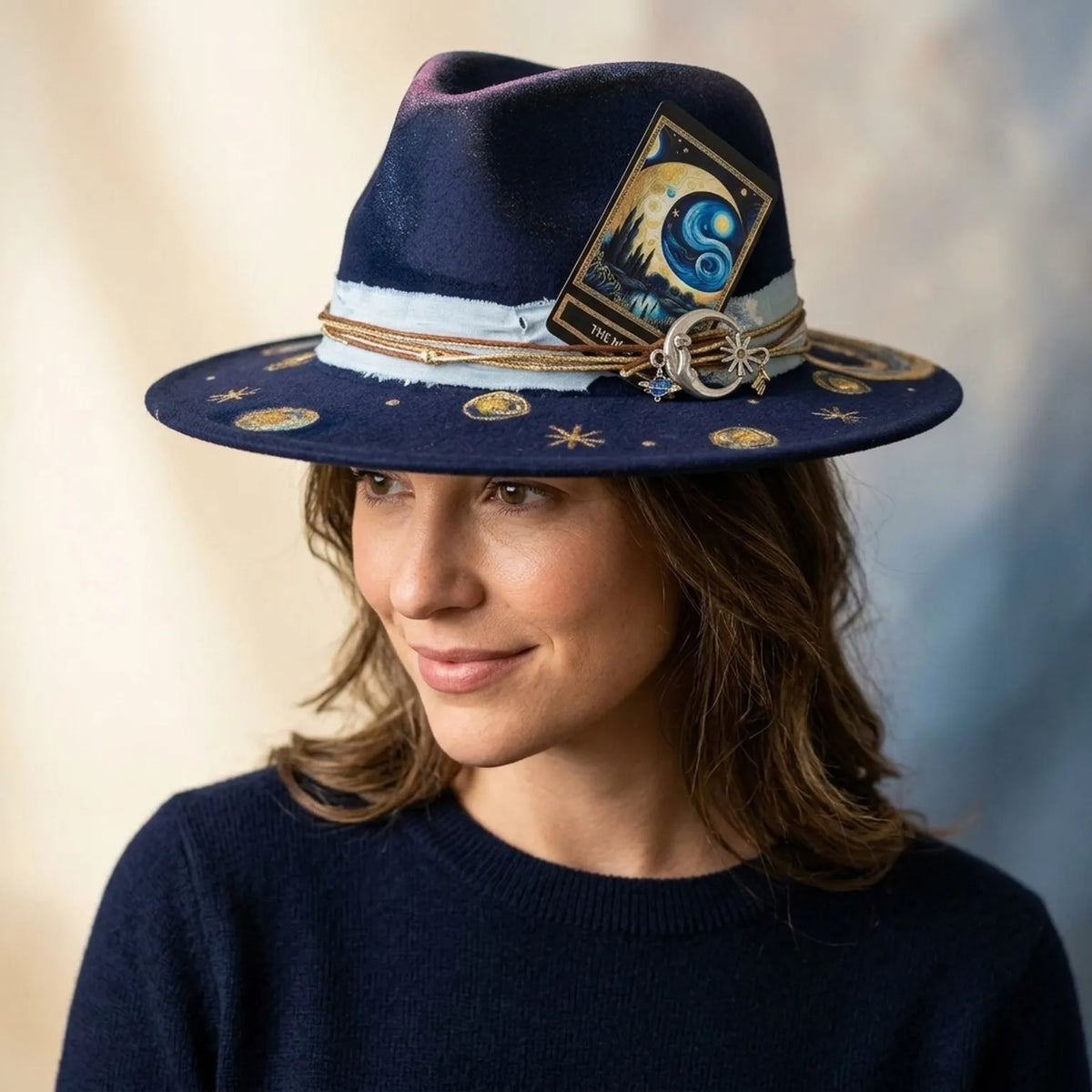 Navy Hand-Painted Starry Sky Fedora with Moon Charm Cluster