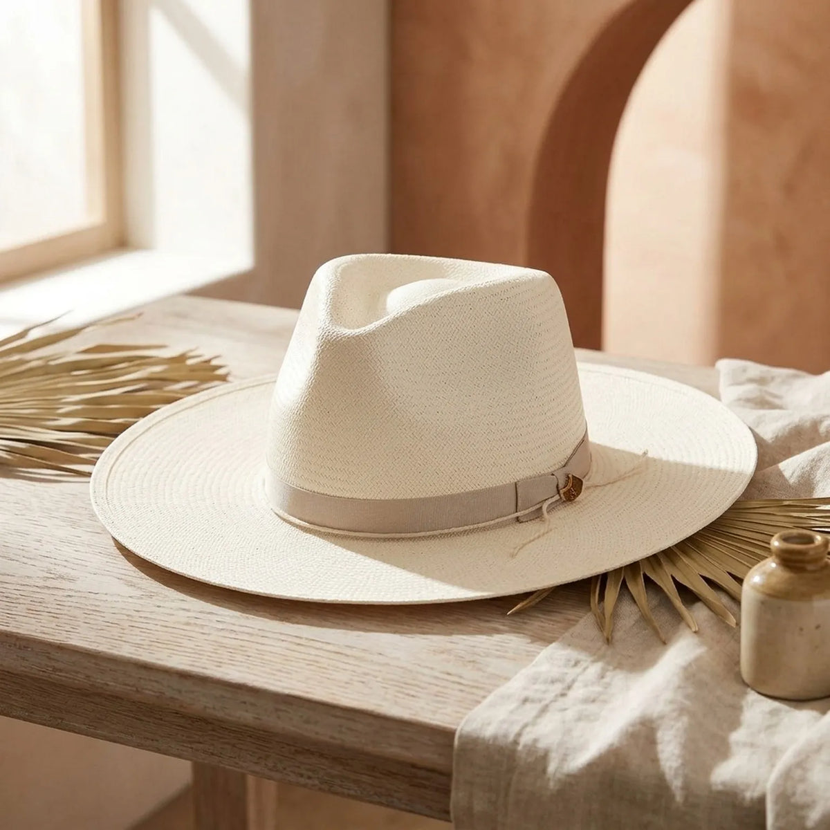 Cream Straw Fedora Hat with Tonal Grosgrain Band and Curved Brim