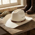 Cream Straw Fedora Hat with Cross-Stitch Leather Hatband