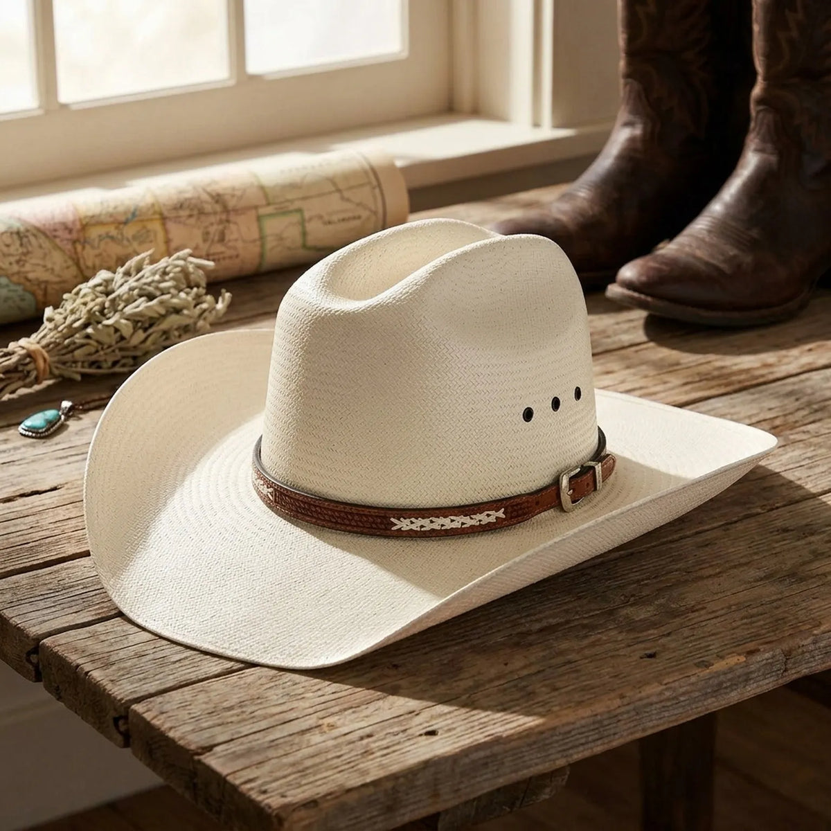 Cream Straw Fedora Hat with Cross-Stitch Leather Hatband
