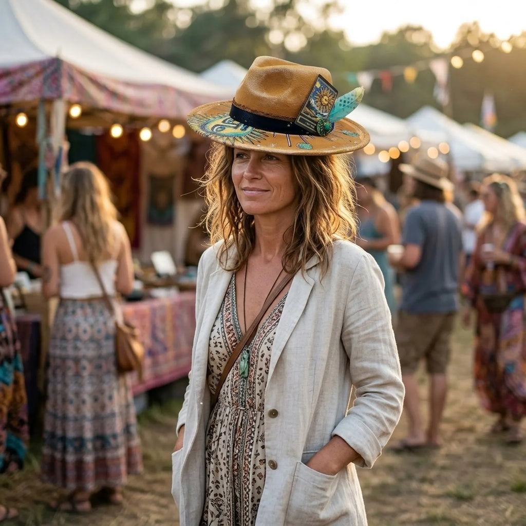 Hand-Painted Sun and Moon Fedora in Copper Rust Vegan Leather