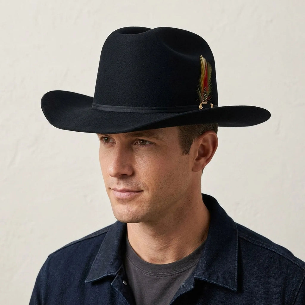 Black Felt Western Cowboy Hat with Feather Accent, Wide Flat Brim