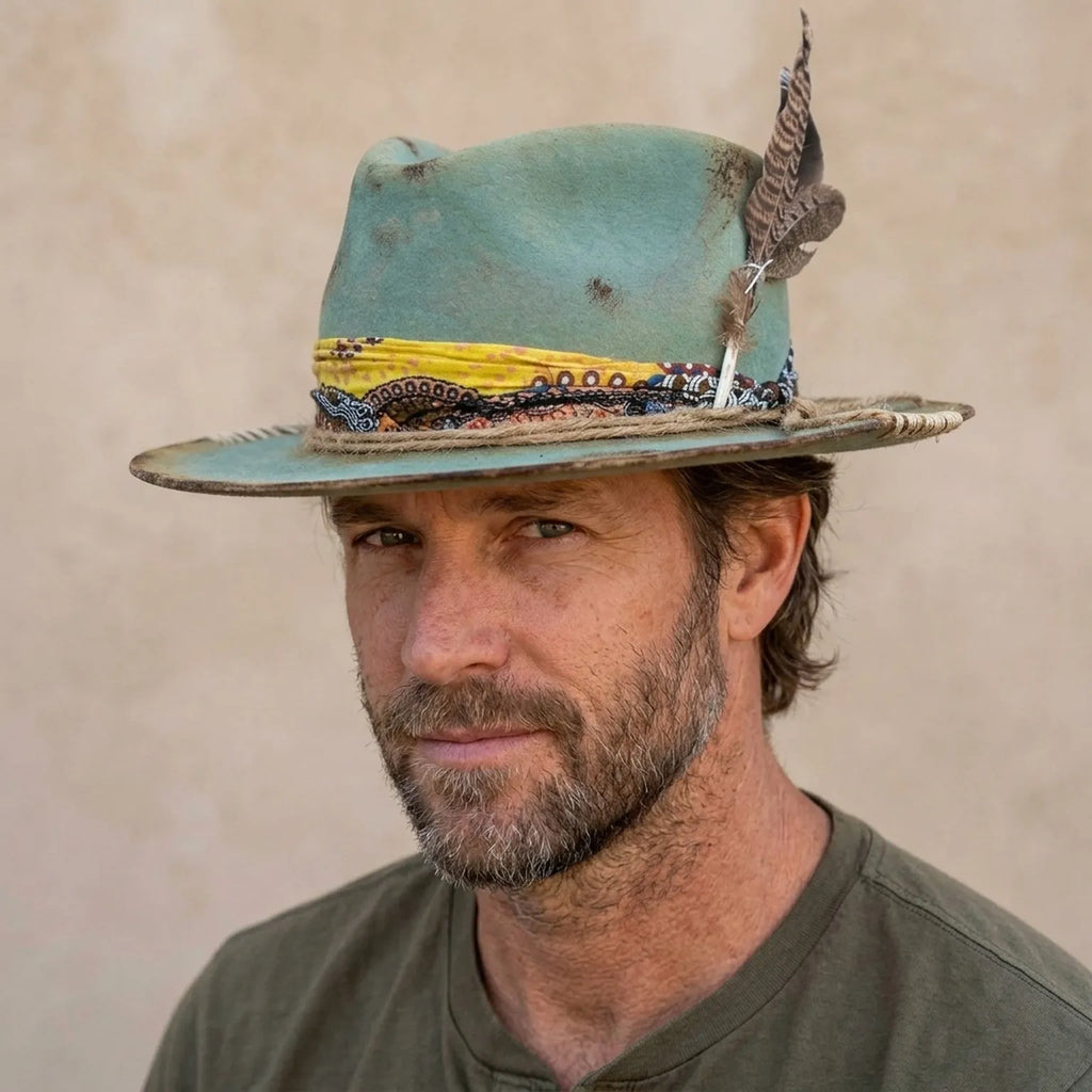 Sage Green Felt Fedora With Bandana Band And Pheasant Feathers