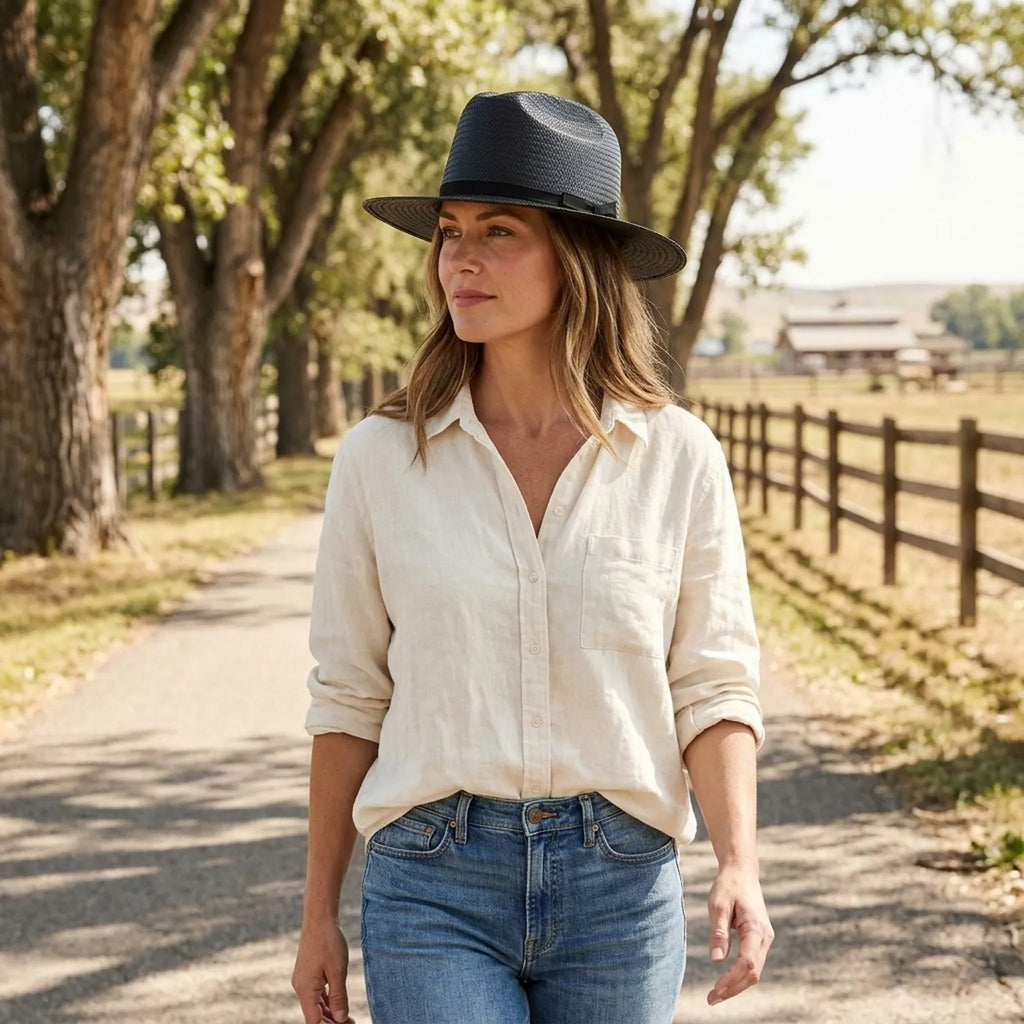 Black Straw Fedora with Ribbon Band for Summer Evening Style