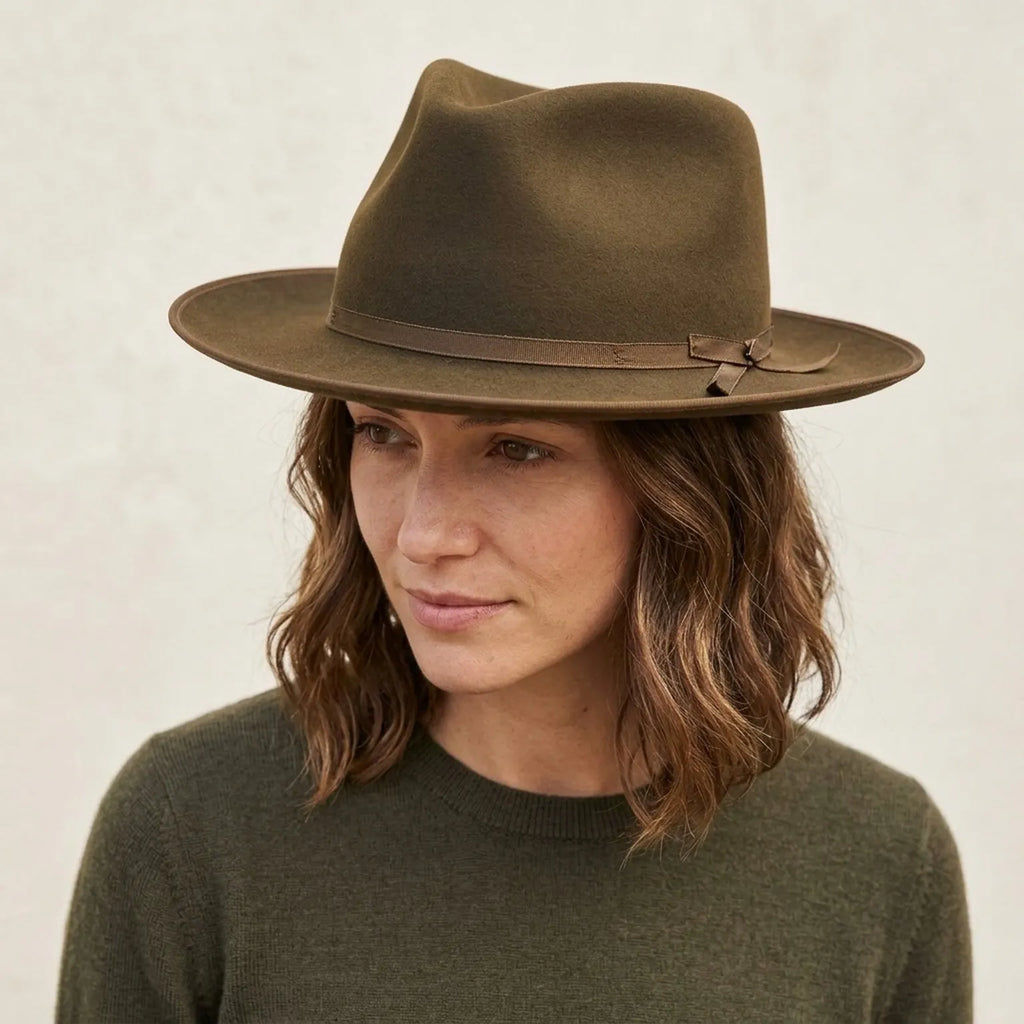 Dark Olive Wool Felt Fedora with Grosgrain Strap and Buckle
