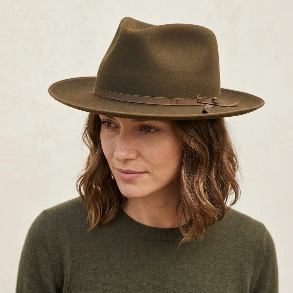 Dark Olive Wool Felt Fedora with Grosgrain Strap and Buckle