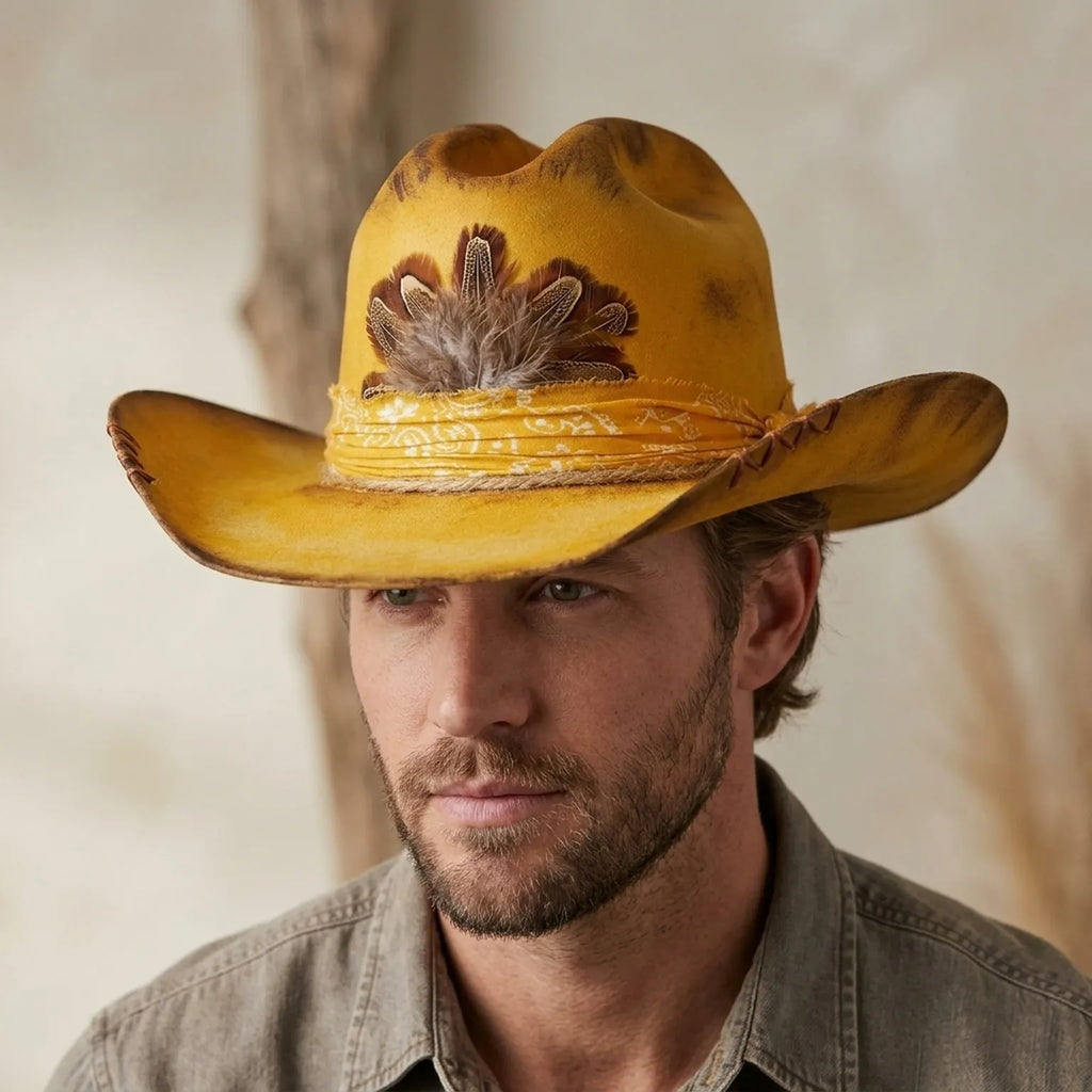 Mustard Felt Cowboy Hat with Paisley Band and Feather