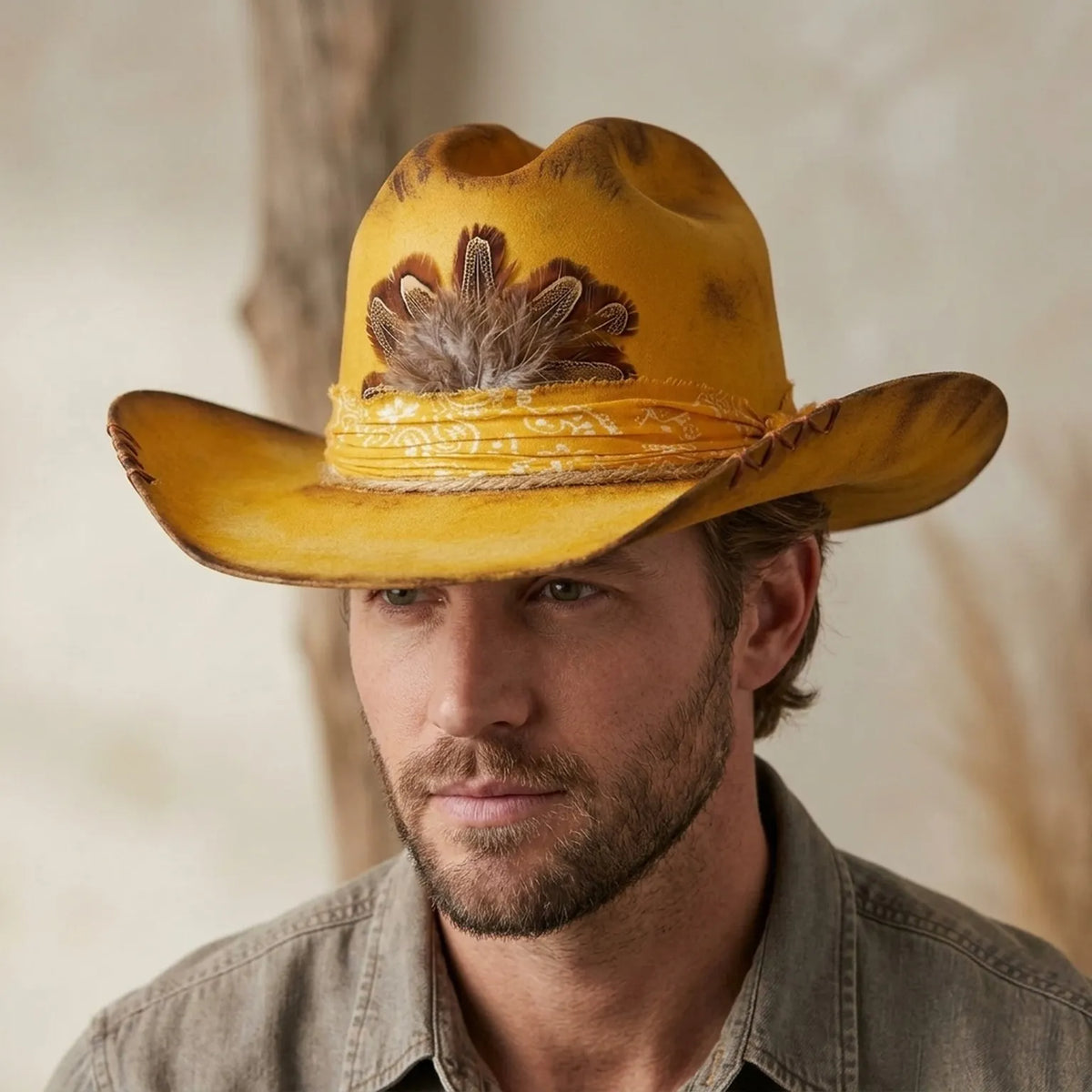 Mustard Felt Cowboy Hat with Paisley Band and Feather