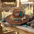 Distressed Brown Wool Felt Western Hat with Turquoise Feather Accents