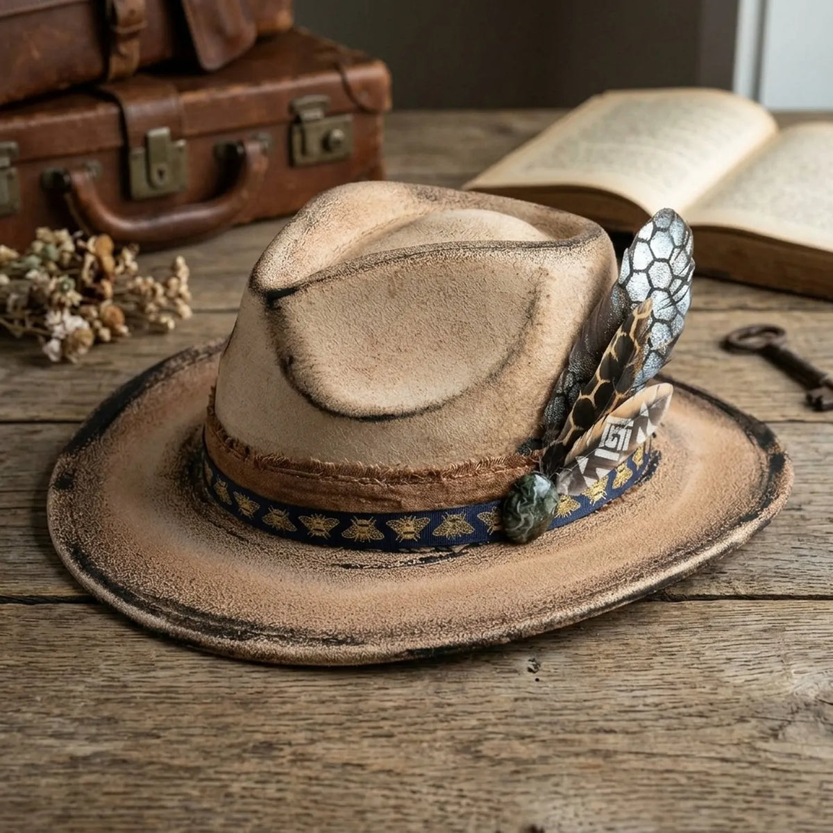 Beige Fedora with Bee Ribbon Band and Feather Accent
