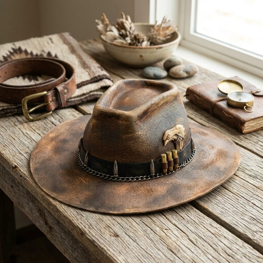 Distressed Brown Felt Western Hat with Bullet Band and Skull Accent