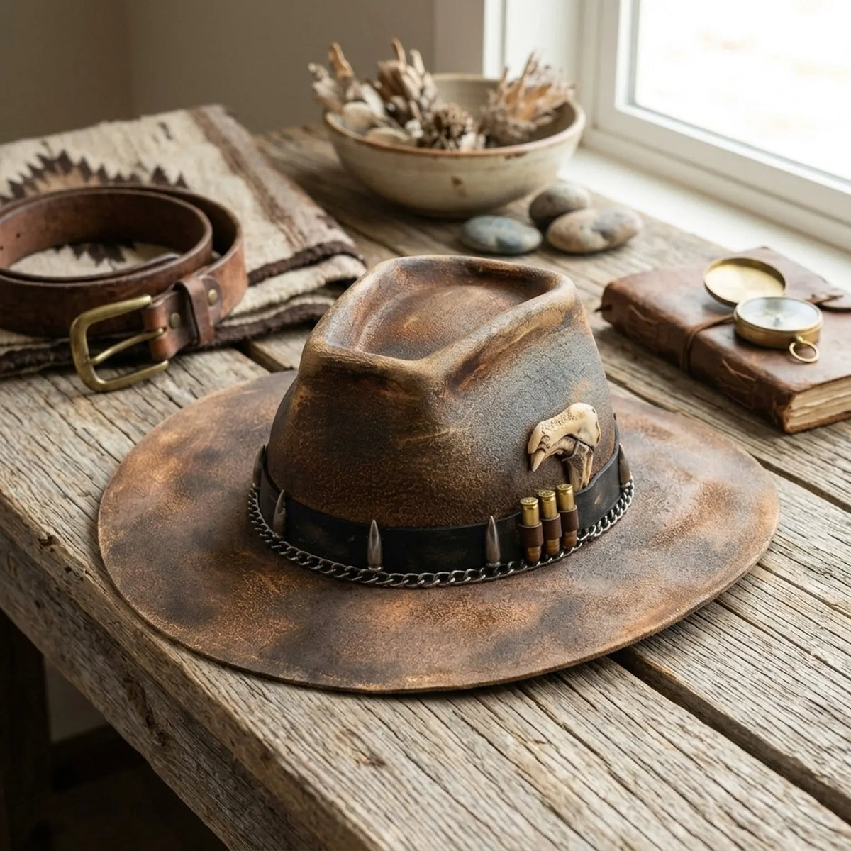 Distressed Brown Felt Western Hat with Bullet Band and Skull Accent