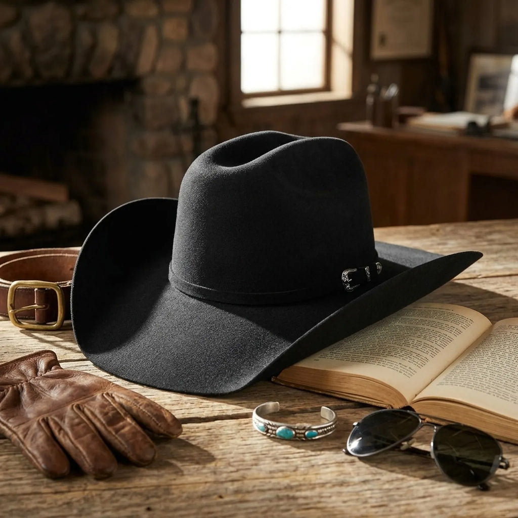 Unisex Black Wool Felt Cowboy Hat with Silver Charm Accent