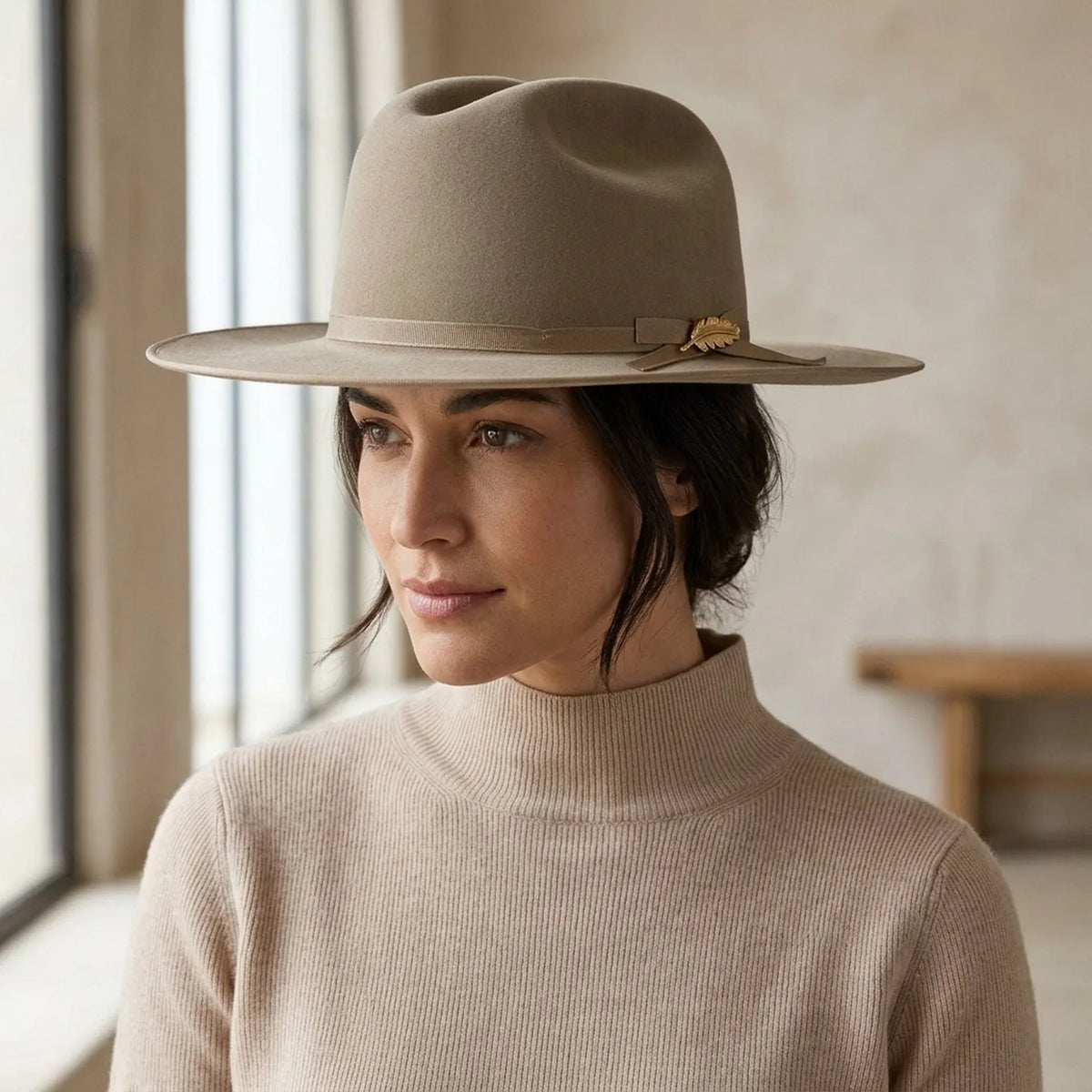 Camel Felt Fedora Hat with Grosgrain Ribbon Bow and Trim