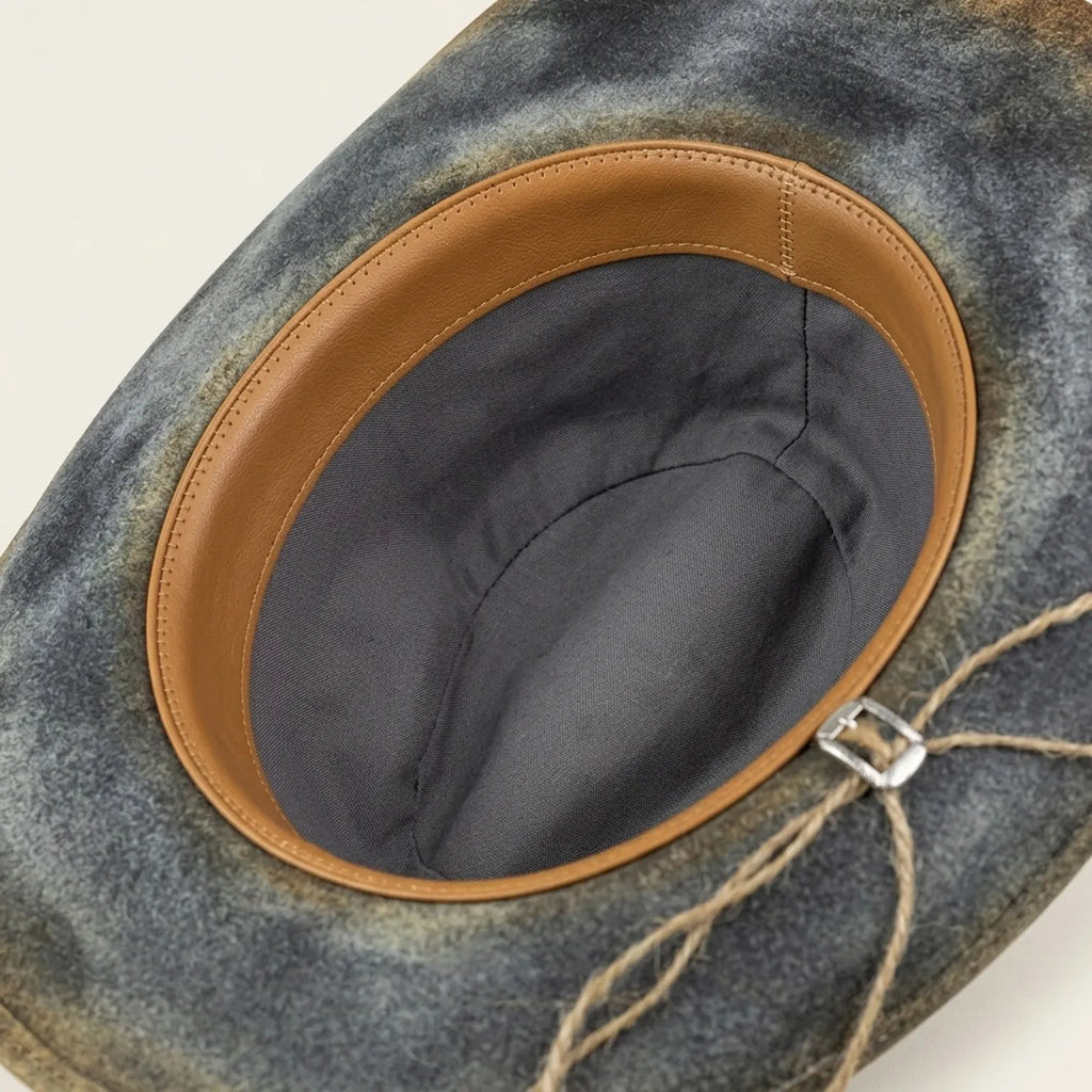 Distressed Gray Felt Cowboy Hat with Feather Concho Band