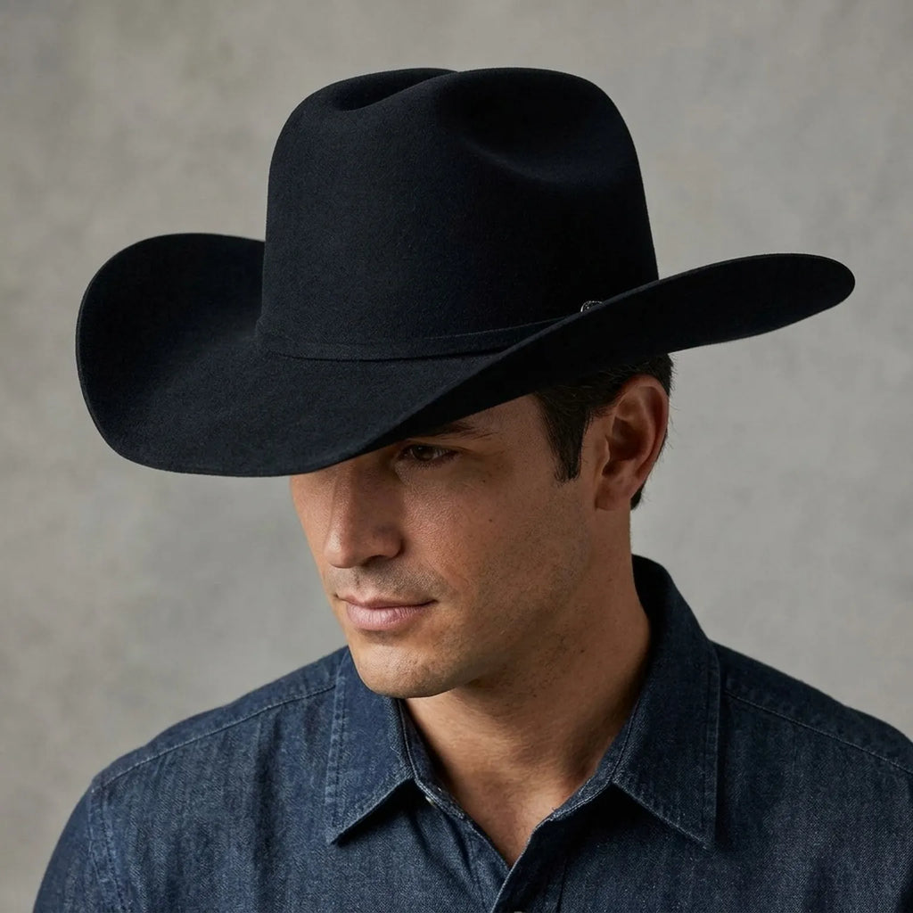 Black Felt Cowboy Hat with Deep Pinched Crease and Upturned Brim
