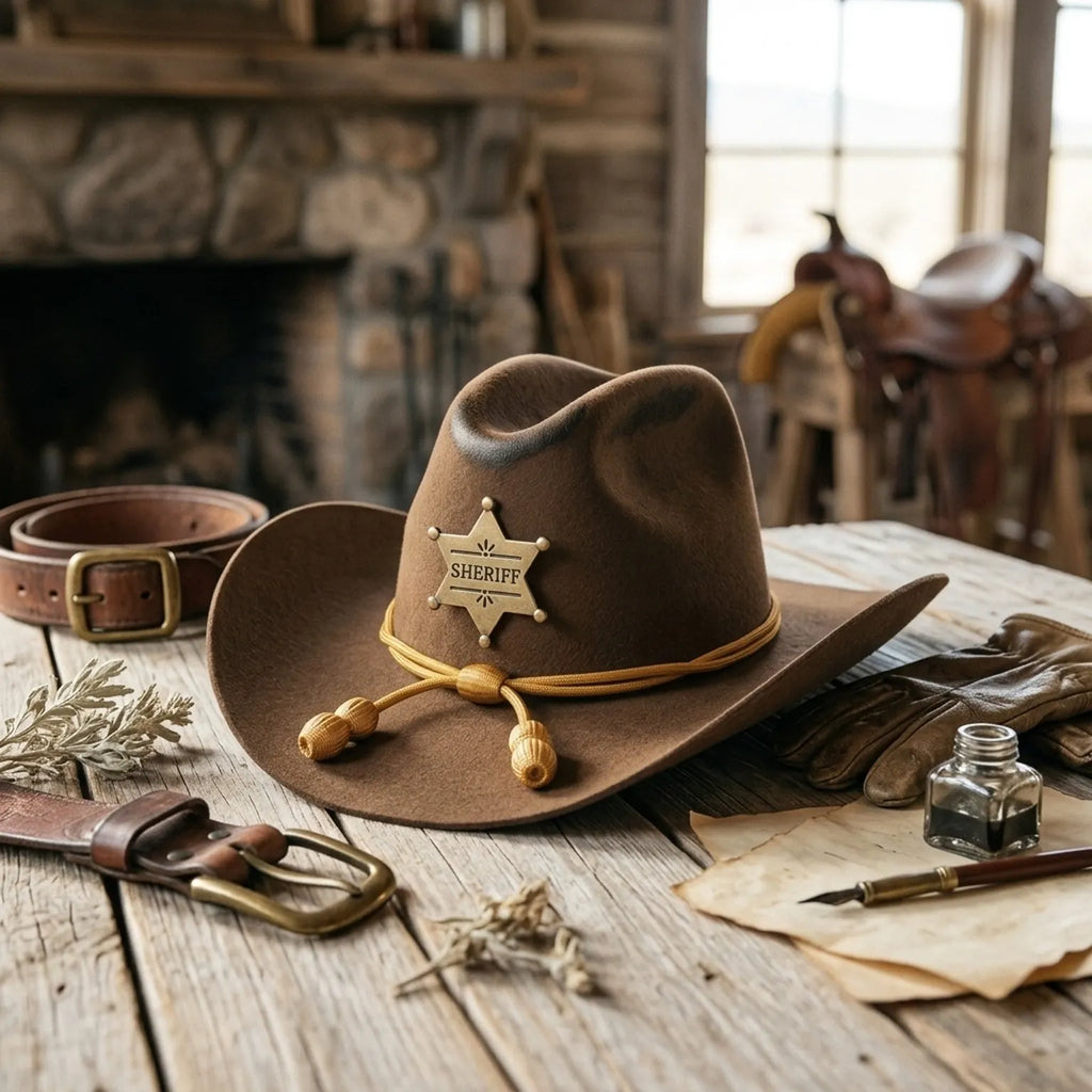 Brown Felt Cowboy Hat Sheriff Star Badge Gold Cord Band