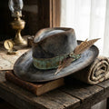 Distressed Brown Felt Fedora with Embossed Green Leather Band