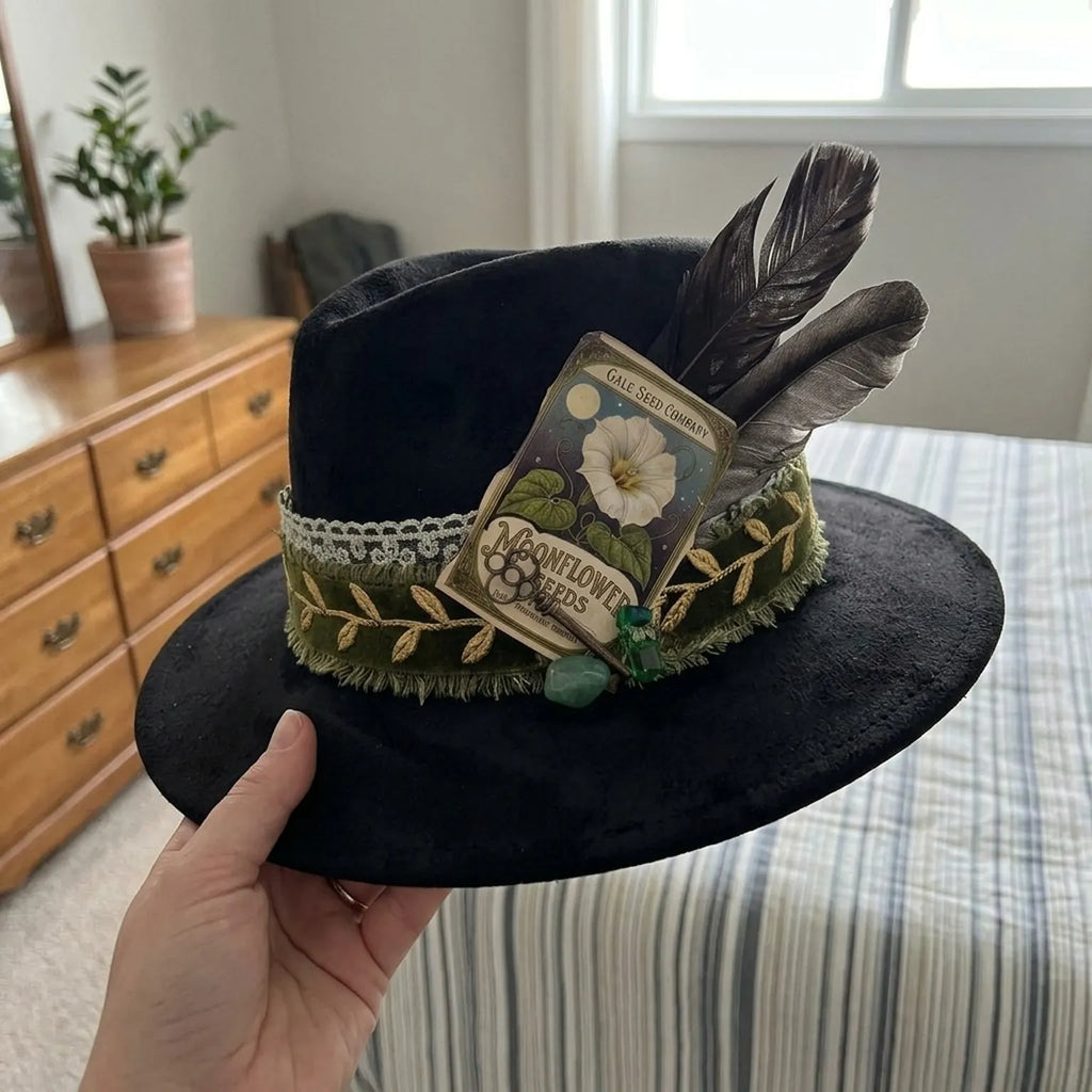 Black Fedora with Velvet Ribbon and Moonflower Seed Packet