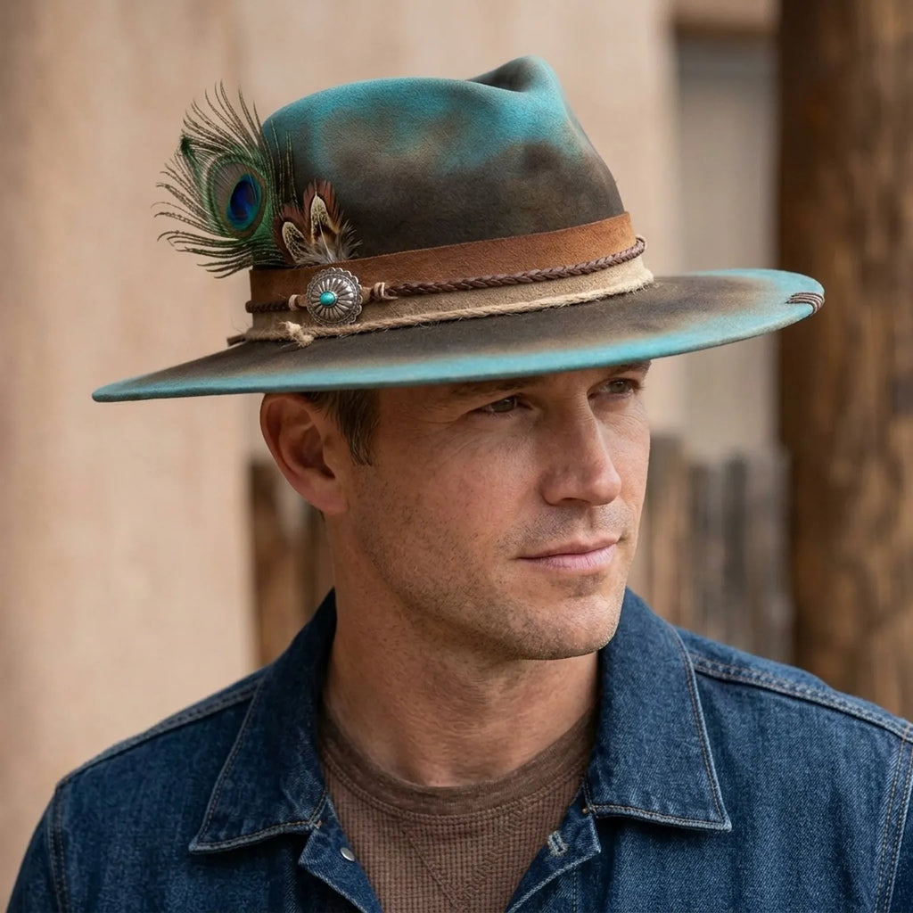 Teal Ombre Felt Western Hat Suede Band Feather Trim