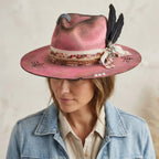 Boho Pink Fedora with Black Feathers and Pearl Accents