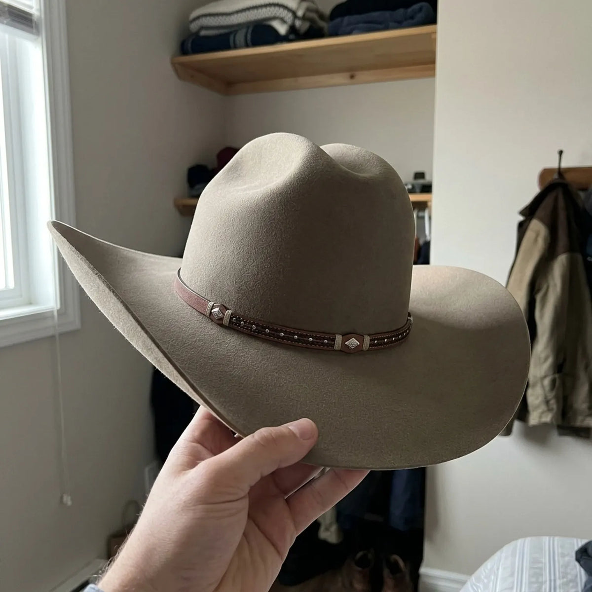 Tan Wool Felt Cowboy Hat with Beaded Leather Band | Western