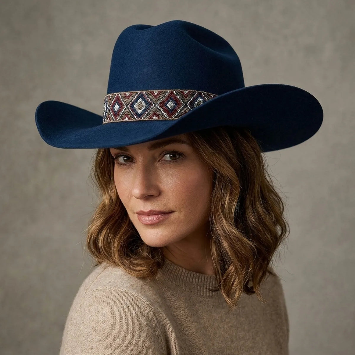 Navy Blue Felt Cowboy Hat With Geometric Woven Band