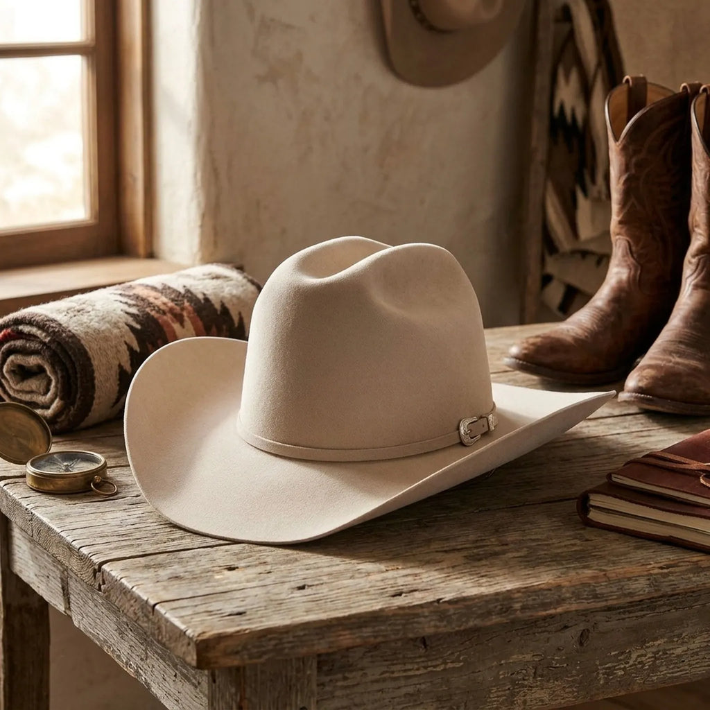 Unisex Cream Wool Felt Cowboy Hat with Leather Band