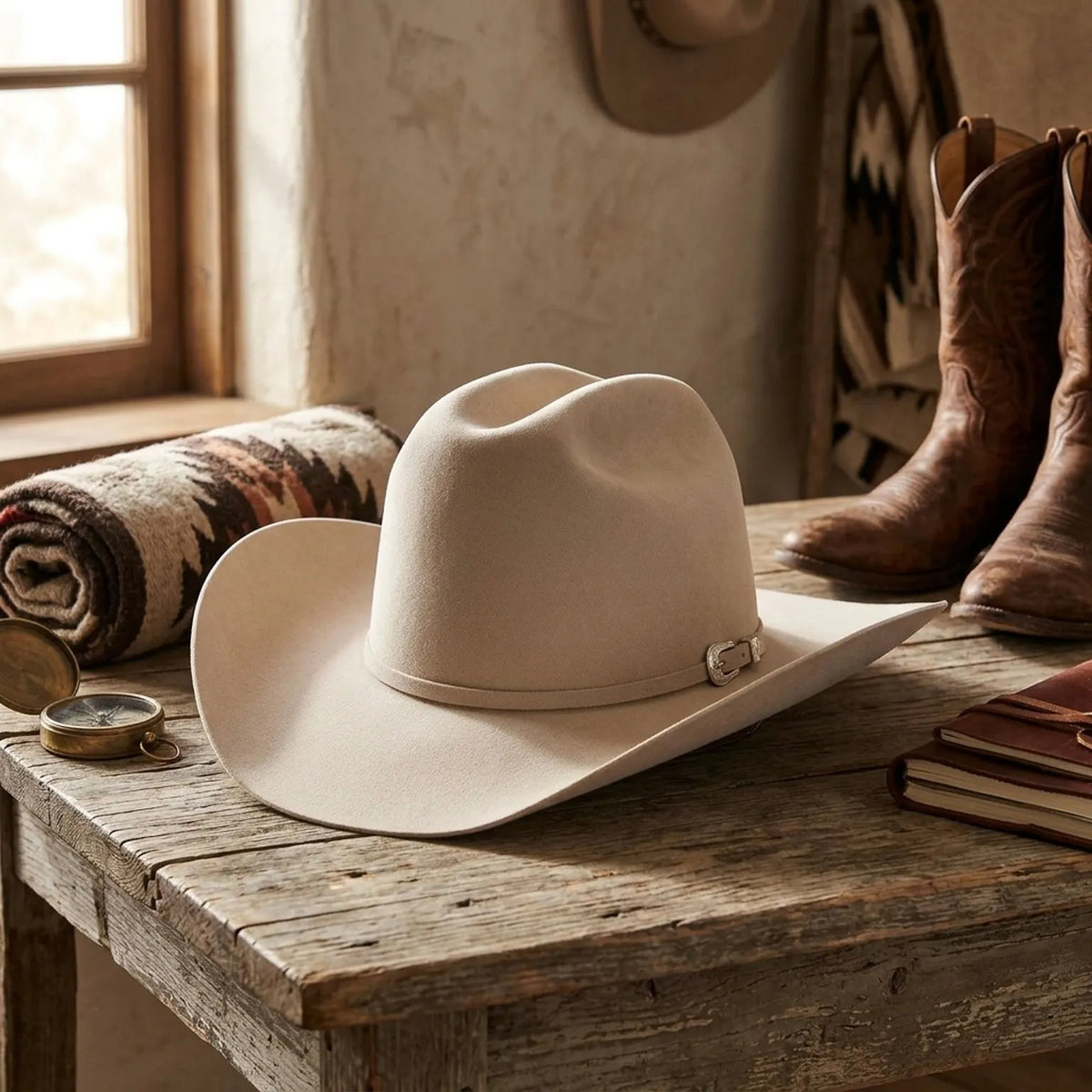 Unisex Cream Wool Felt Cowboy Hat with Leather Band