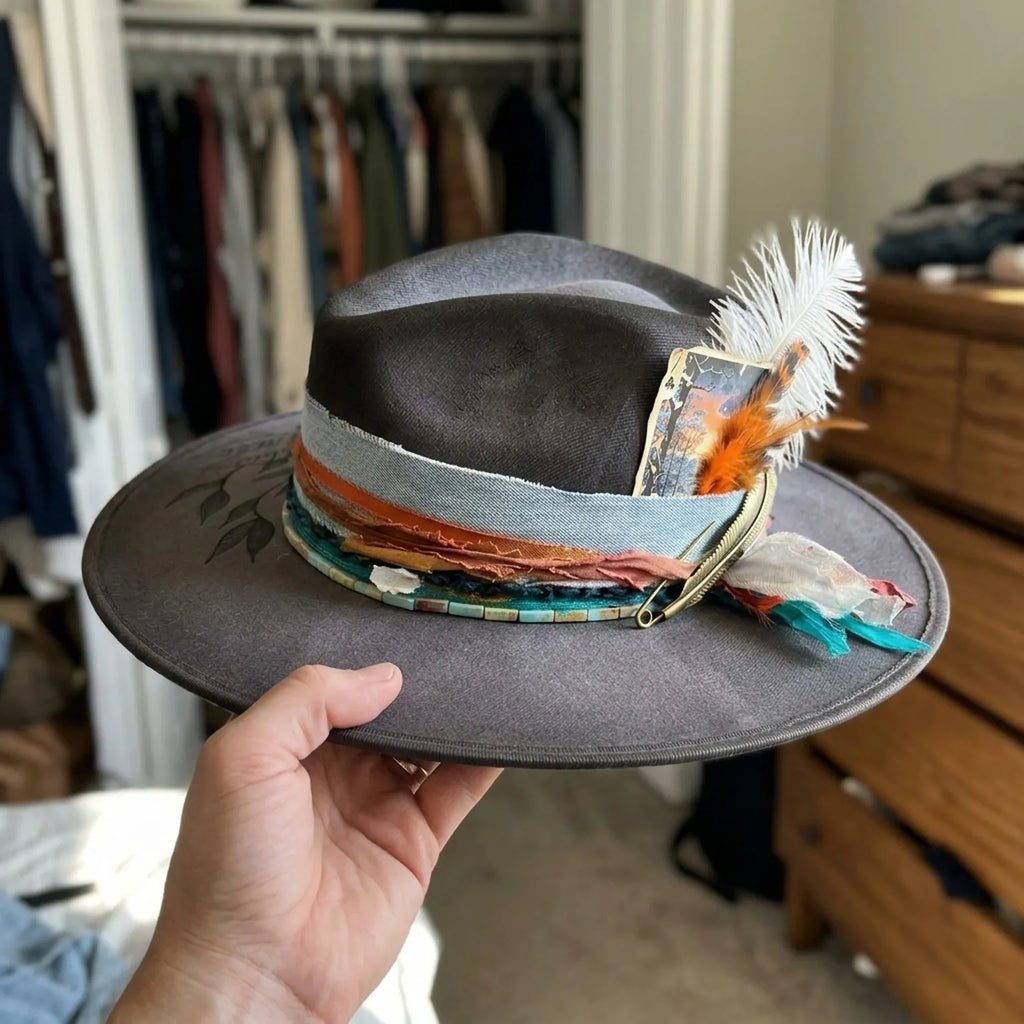 Brown Fedora Hat with Denim Wrap Band and Mixed Feathers