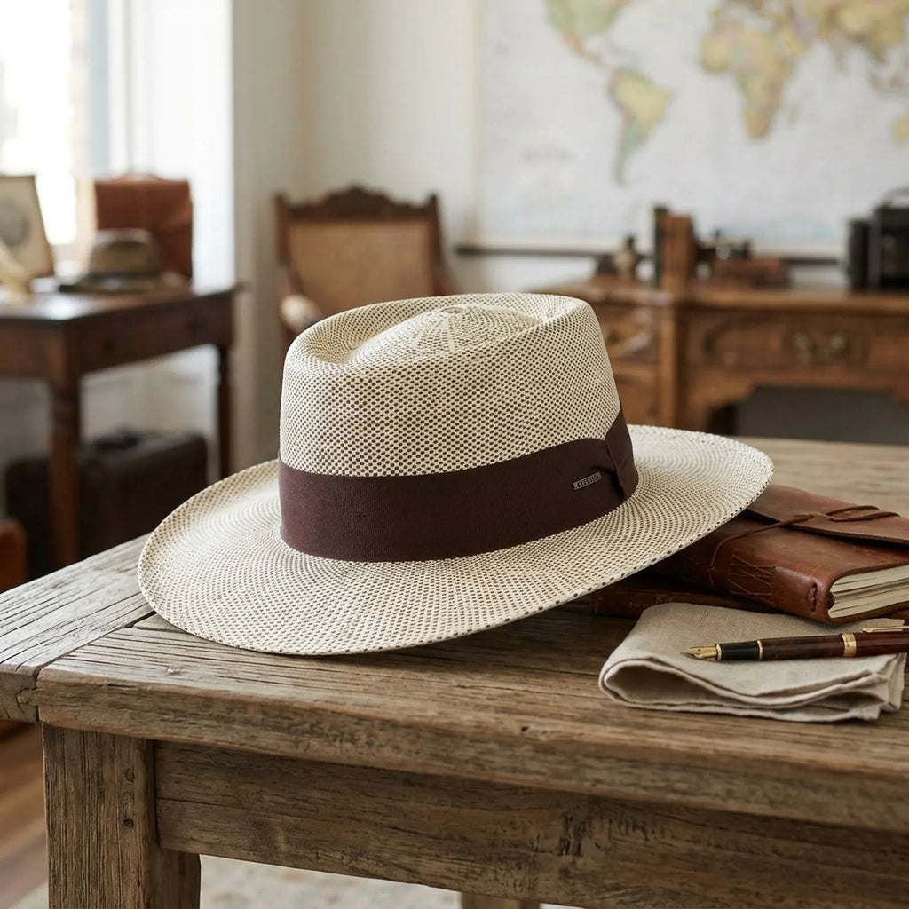 Unisex Two Tone Straw Panama Hat with Brown Ribbon Band