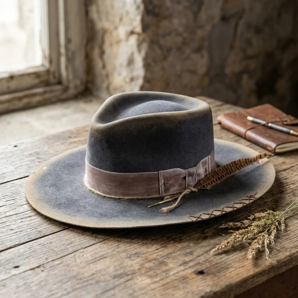 Charcoal Distressed Fedora With Brown Feather And Raffia Trim