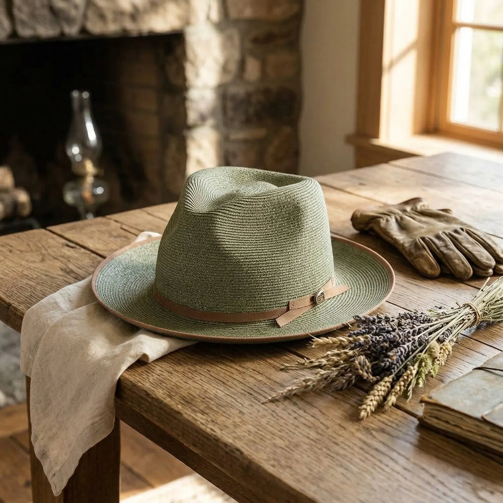 Sage Green Straw Fedora with Leather Buckle Detail