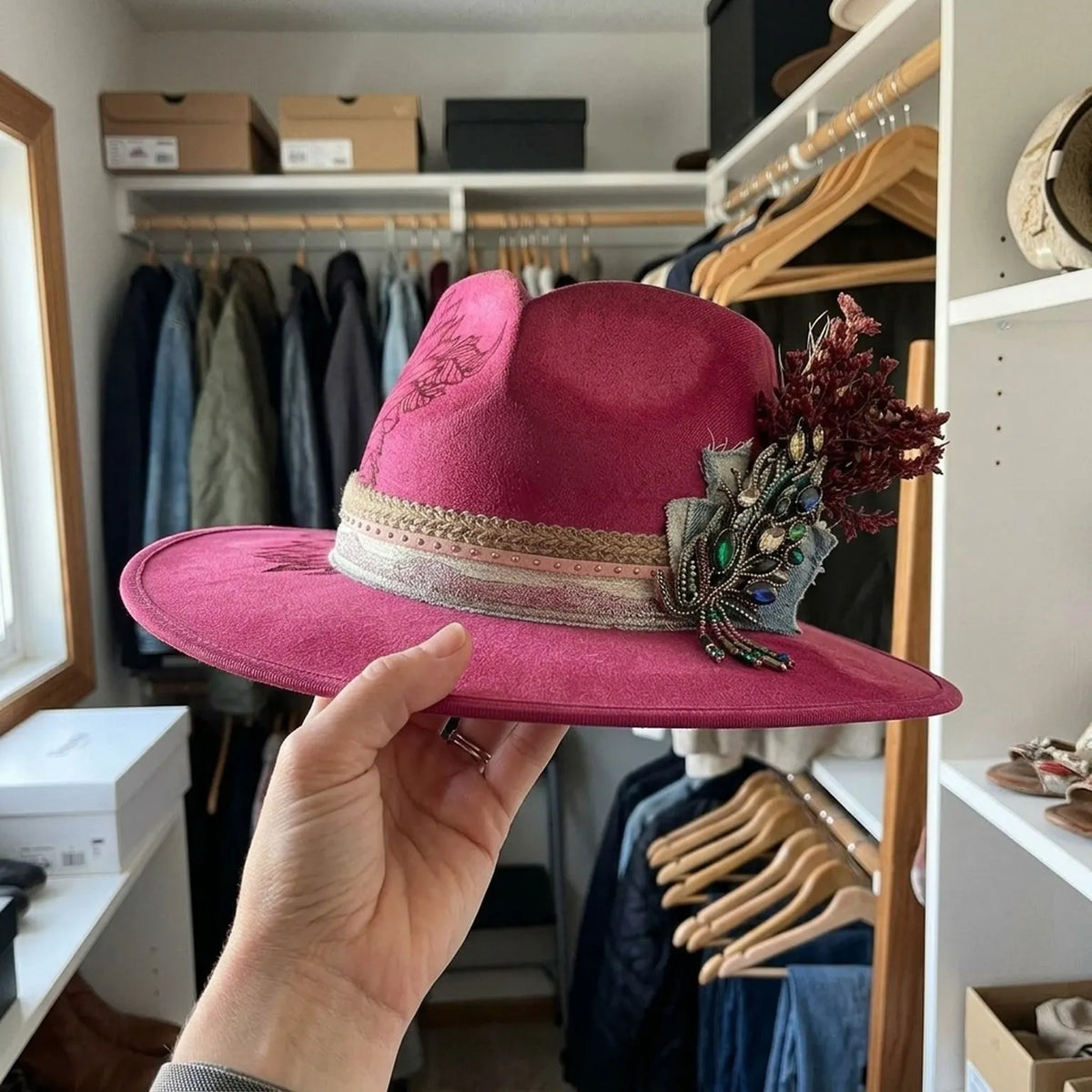 Hot Pink Fedora with Floral Embroidery and Crystal Brooch