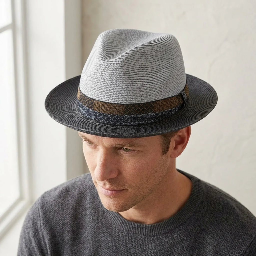 Two-Tone Straw Fedora Hat with Patterned Band and Brim