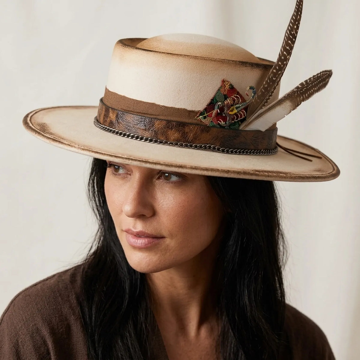 Cream Flat Crown Panama Hat with Leather Band and Feathers