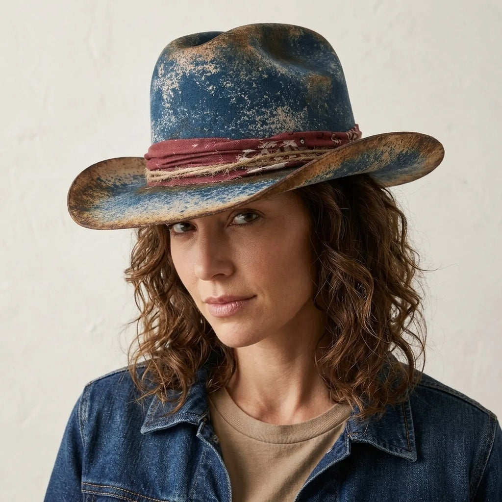 Distressed Blue Cowboy Hat with Feather Charm and Bandana Band