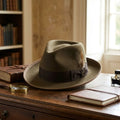 Olive Green Fedora With Dark Band and Feather Accent