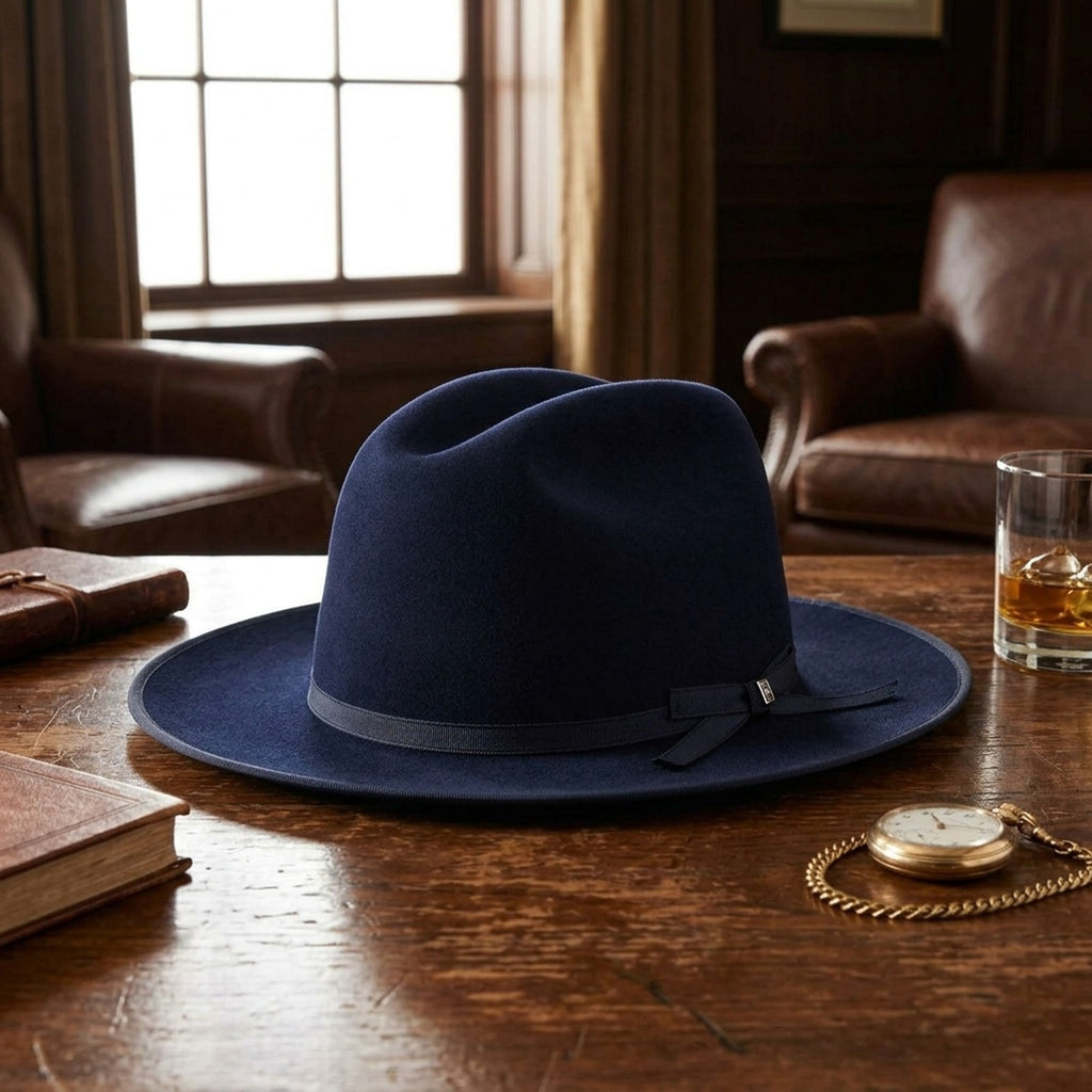 Unisex Navy Wool Felt Fedora Hat with Wide Brim Ribbon Band