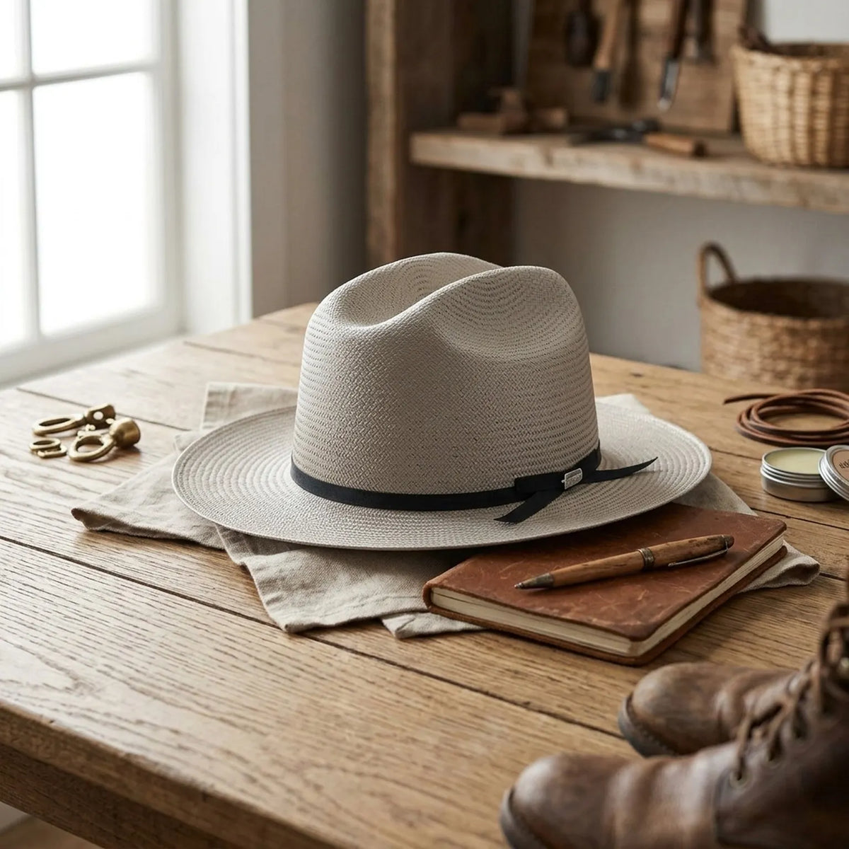 Beige Straw Panama Fedora Hat with Black Grosgrain Band