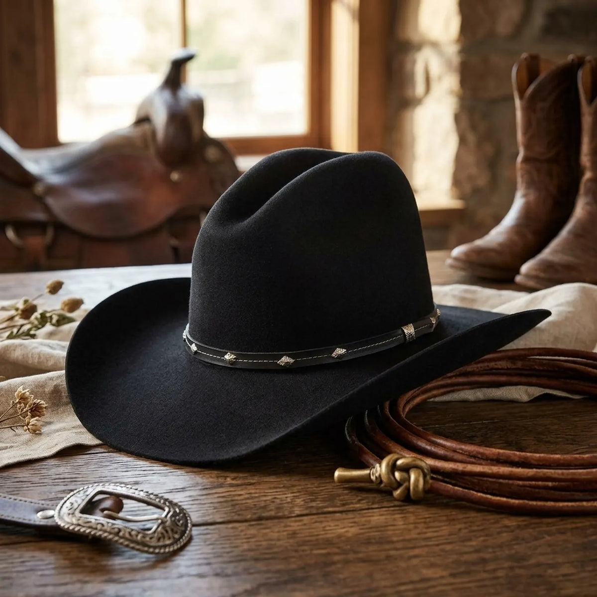 Black Felt Western Cowboy Hat with Studded Leather Band